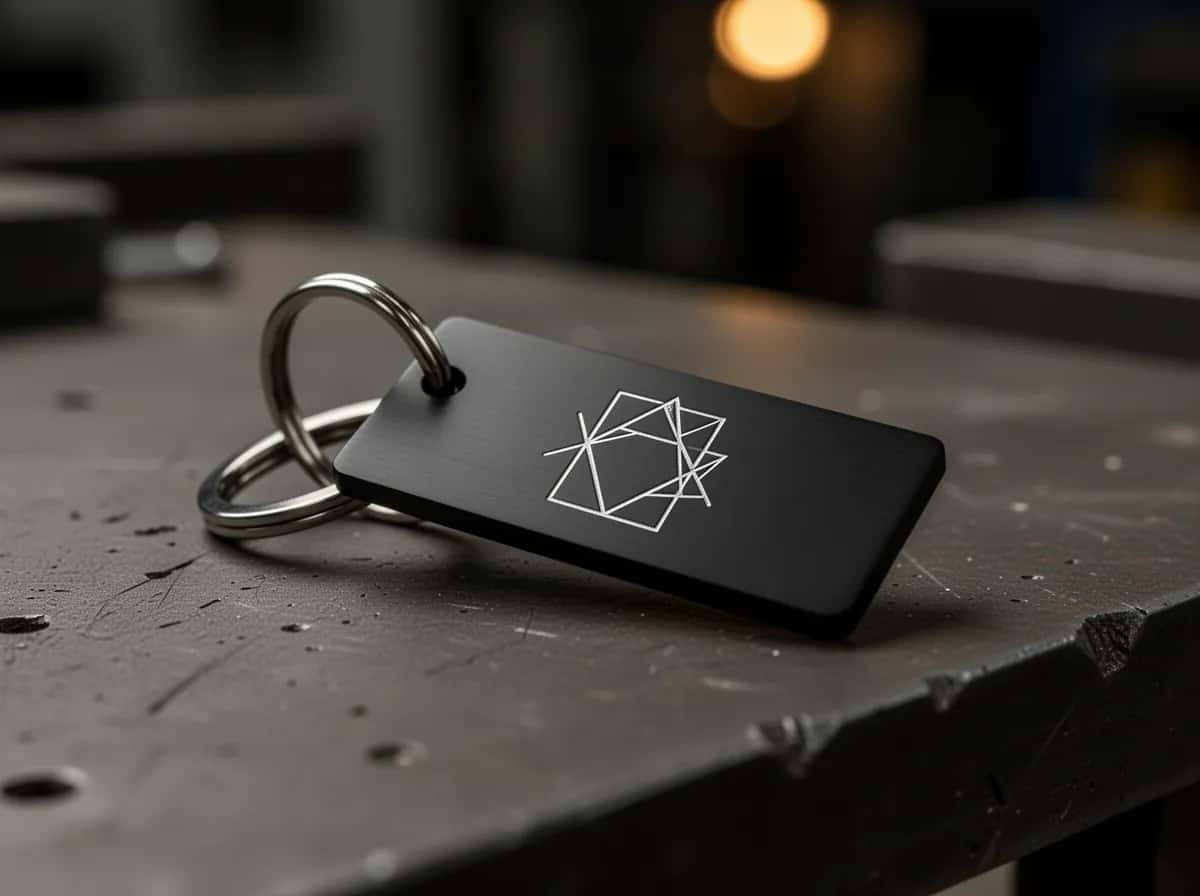 Illustration: black metal keyring laser-engraved with a silver symbol