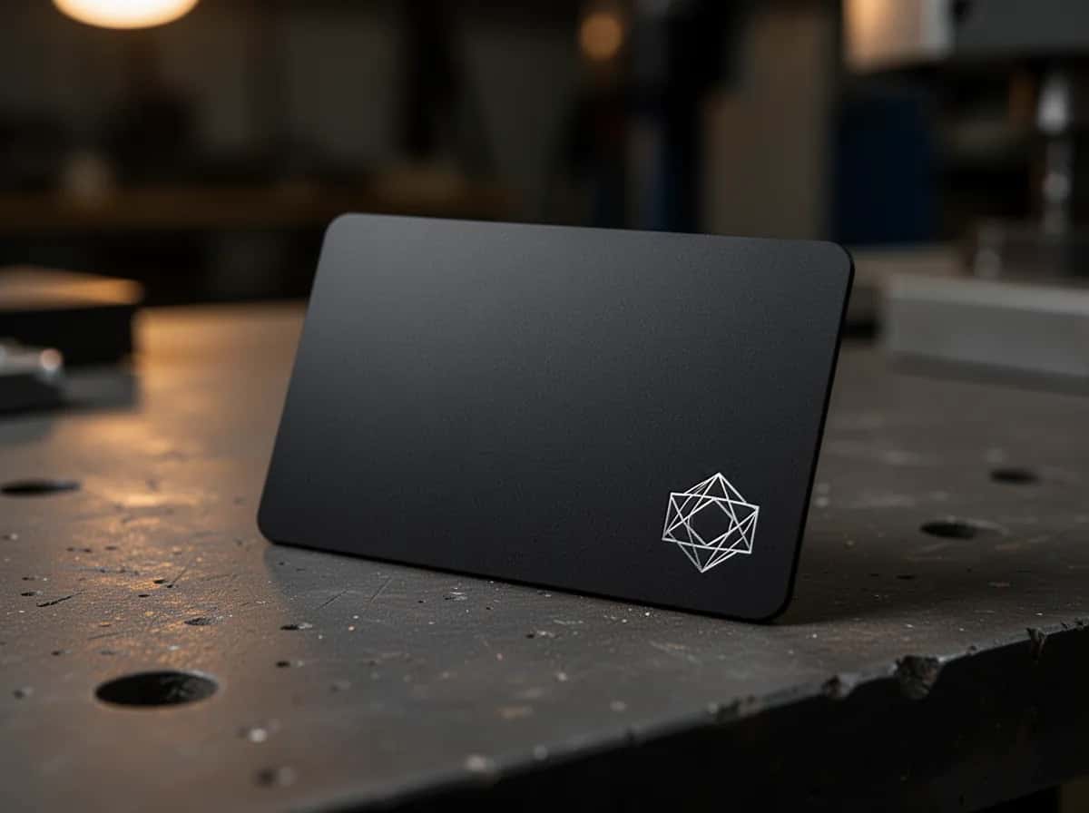 Illustration: black metal card laser-engraved with a silver symbol
