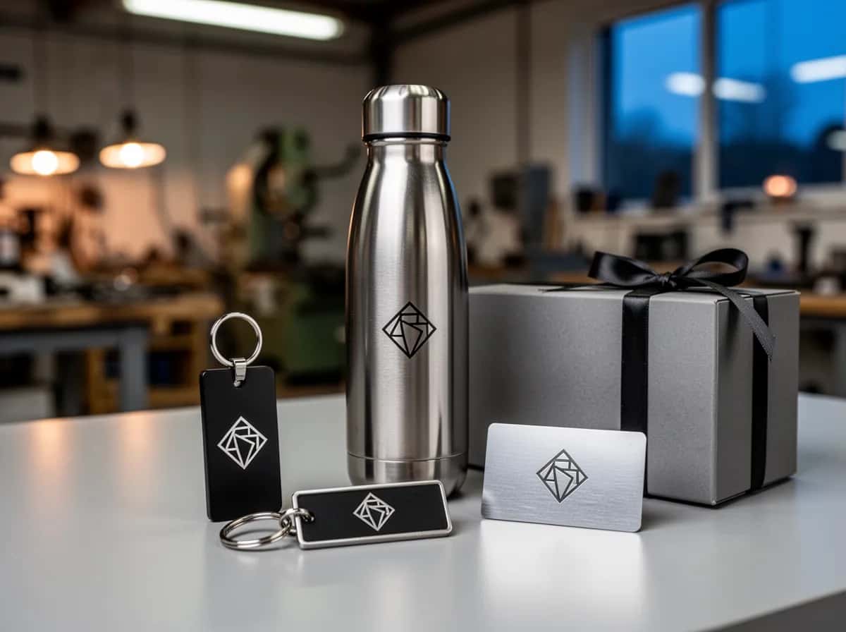 Ilustrație: sticlă din inox, brelocuri și card metalic gravate cu laser, lângă cutii cadou