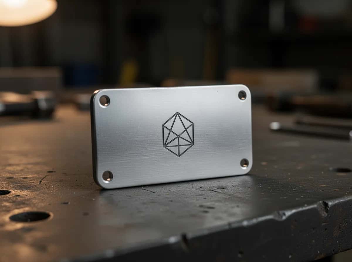 Illustration: stainless steel plaque with four holes, laser-engraved with a symbol