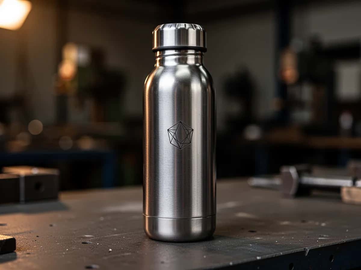 Illustration: stainless steel thermos bottle laser-engraved with a dark symbol