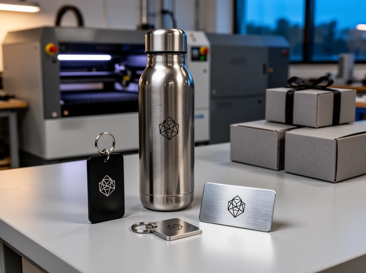 Ilustrație: sticlă din inox, brelocuri și card metalic gravate cu laser, lângă cutii cadou