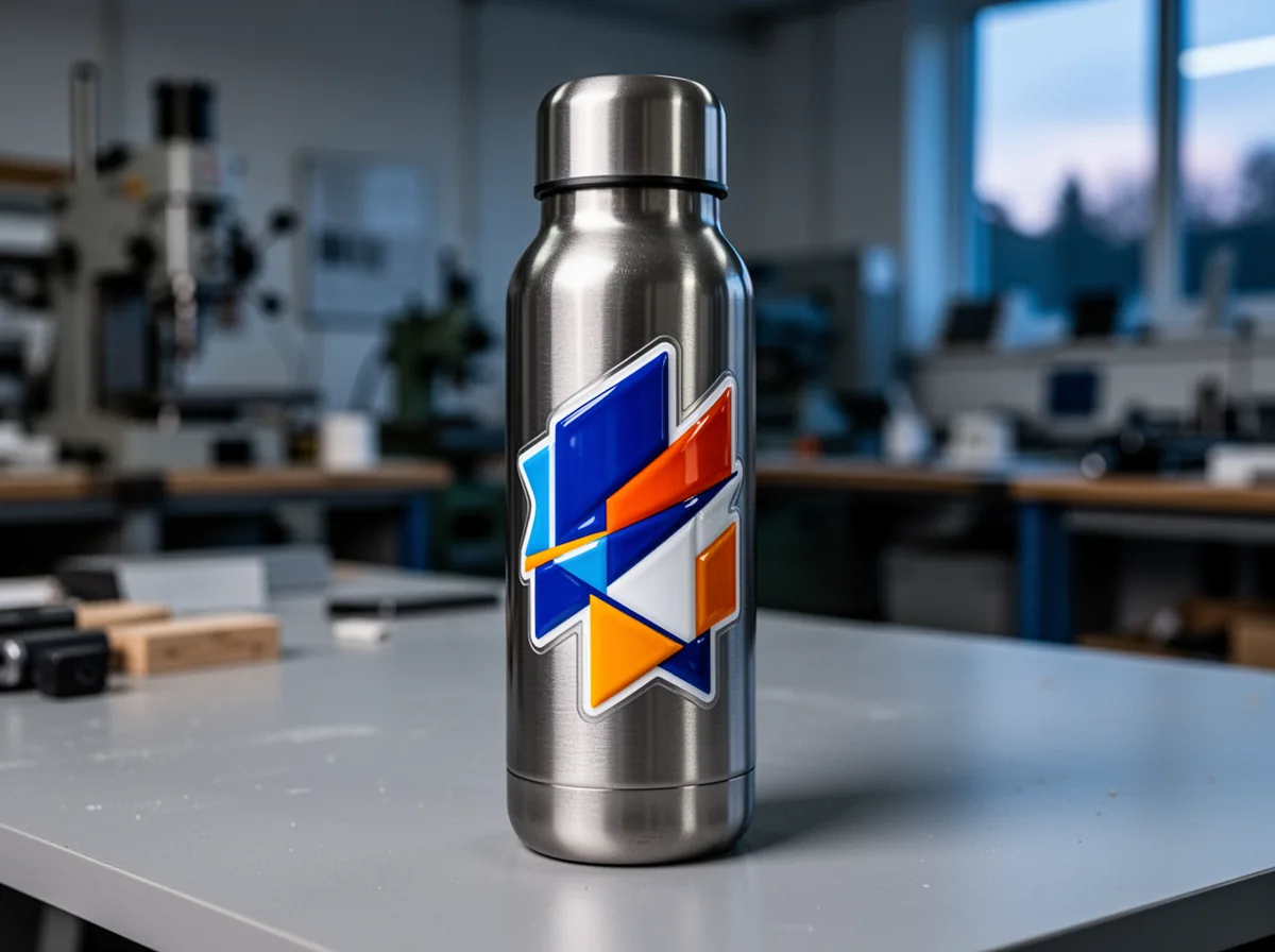 Ilustrație: termos din inox cu un sticker DTF UV color, în relief, pe masa atelierului