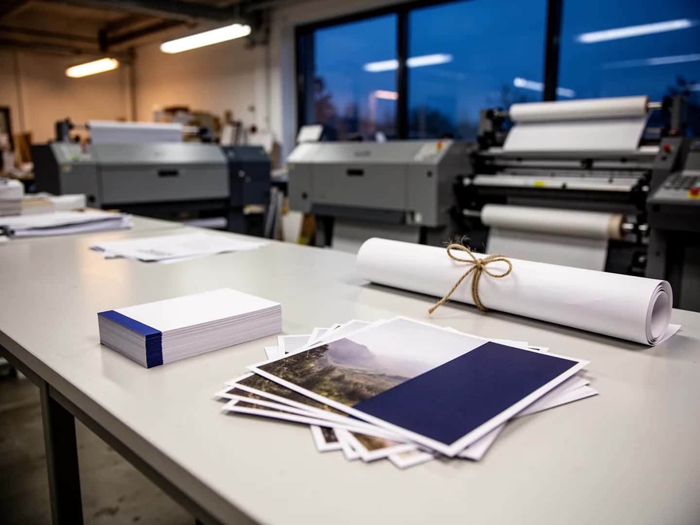 Illustration: a print workshop in the evening, with business cards, flyers and a rolled-up banner on the table