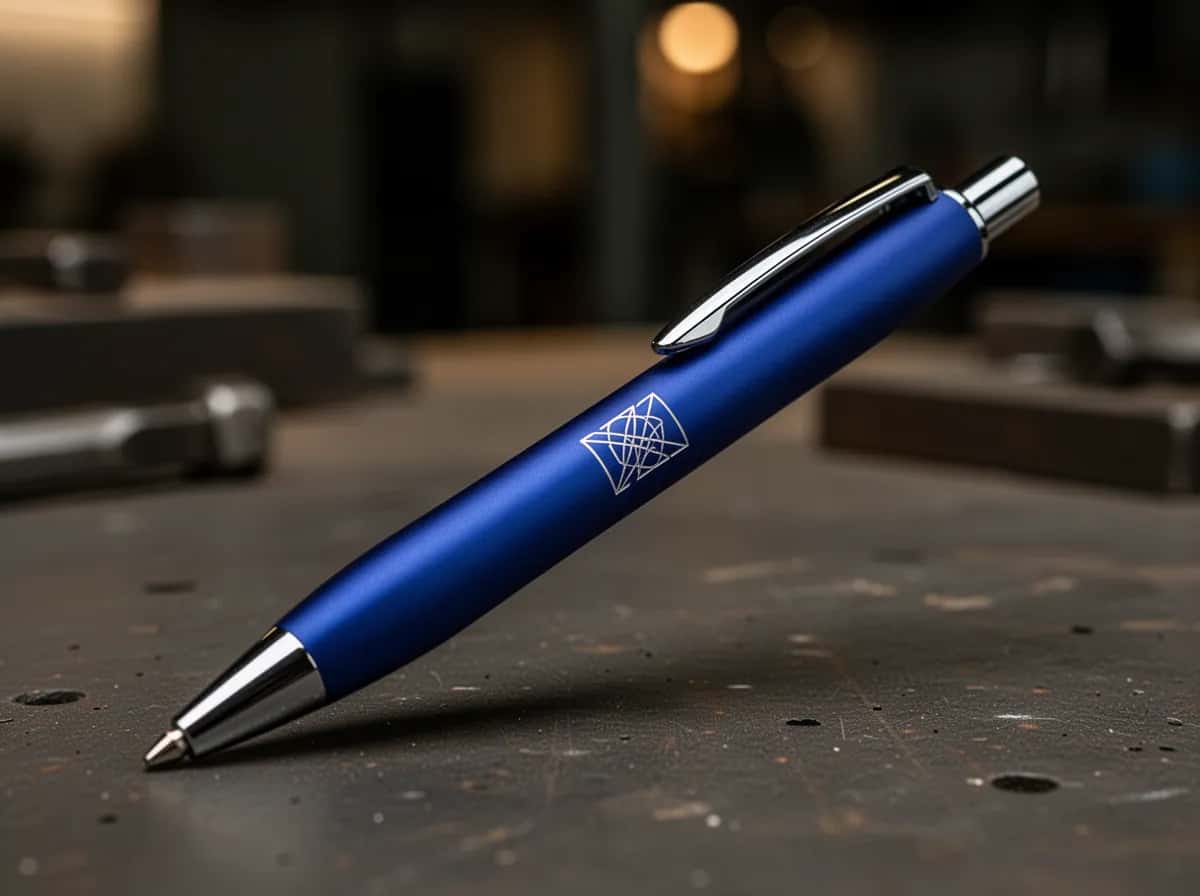 Illustration: blue metal pen laser-engraved with a symbol