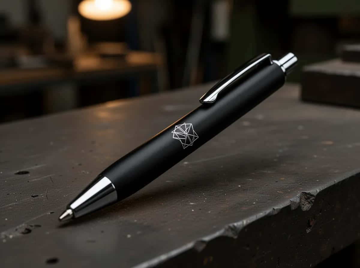 Illustration: black metal pen laser-engraved with a silver symbol