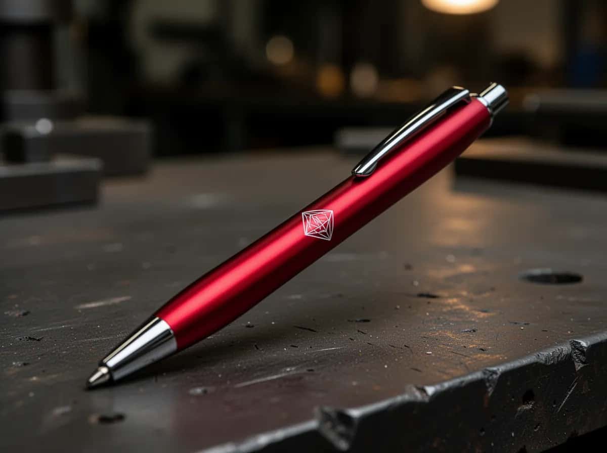 Illustration: red aluminium pen with a light-coloured engraving